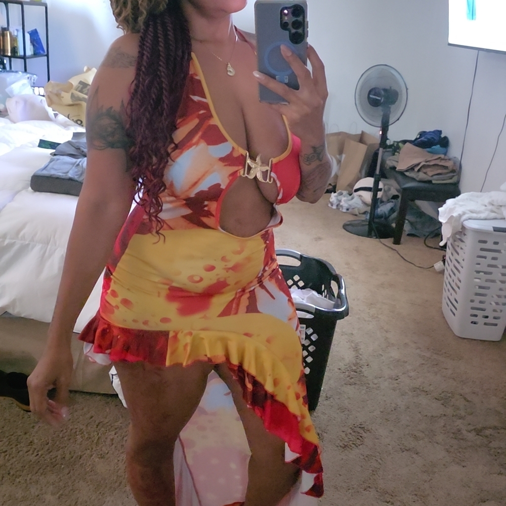 SHEIN Red and Yellow Asymmetrical Dress